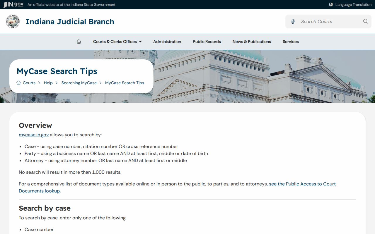 Indiana MyCase official case party and attorney search controls