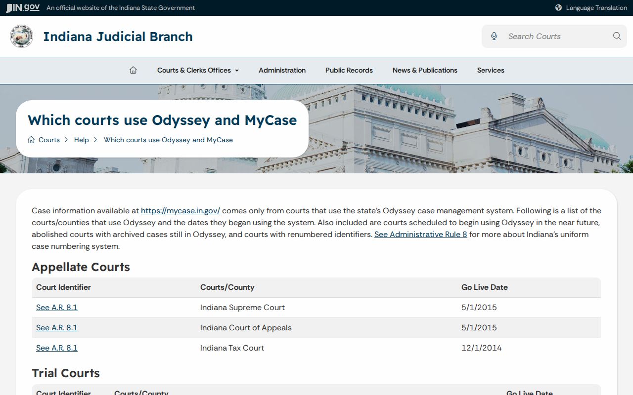 Odyssey table listing Wells Circuit Superior and Bluffton City Court codes